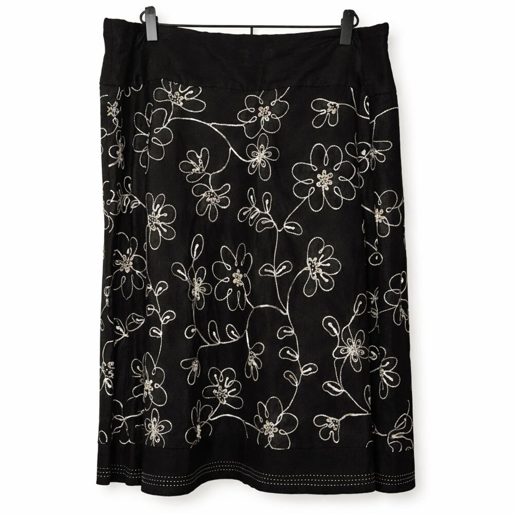 Carole Little 20W Black Embroidered Beaded Floral Skirt Linen Blend Knee-Length